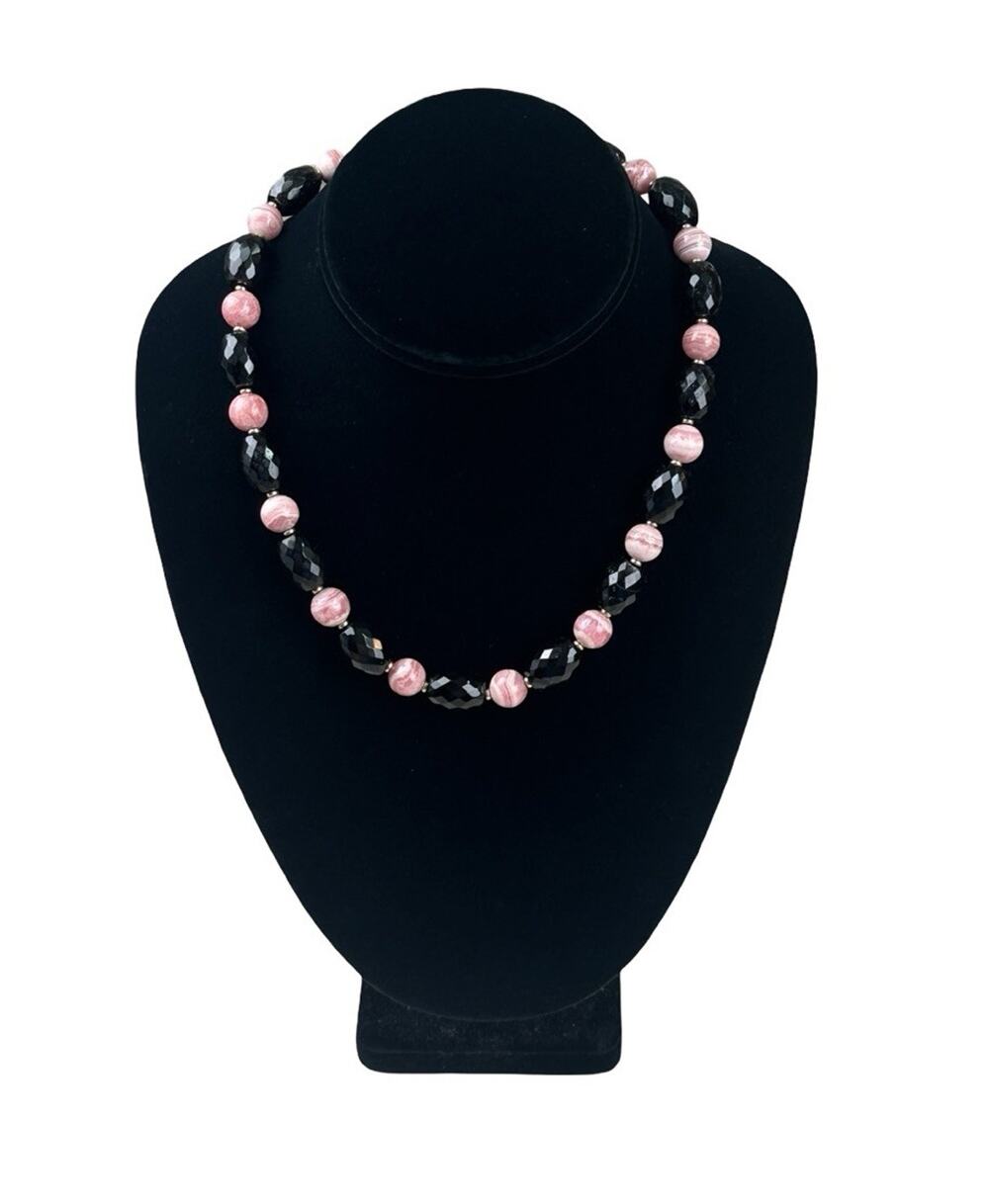Zoë B Rhodochrosite Black Faceted Bead Necklace 14K Gold Toggle Clasp 18”